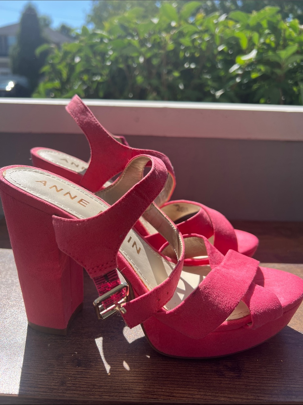 Anne Klein Bright Pink Suede Platform Block Heels